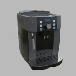 Detailed 3D rendered model of a modern coffee machine for Blender users, showcasing buttons, dispenser, and tray.