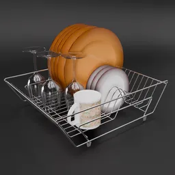 Detailed 3D model of a metal dish drainer with plates, cups, and wine glasses for Blender rendering.