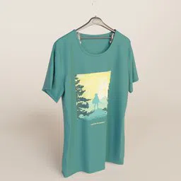 Customizable Blender 3D model of a teal t-shirt with a fantasy game-inspired print, showcased on a hanger.