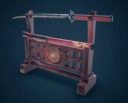 Detailed 3D modeled Chinese ceremonial sword on stand, crafted with cultural motifs, ideal for Blender rendering.