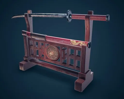 Detailed 3D modeled Chinese ceremonial sword on stand, crafted with cultural motifs, ideal for Blender rendering.