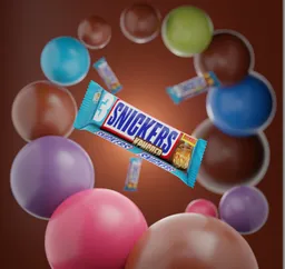 Photorealistic 3D-rendered Snickers bar surrounded by floating colorful spheres in a studio setting.