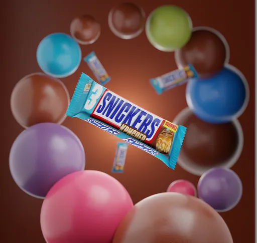Photorealistic 3D-rendered Snickers bar surrounded by floating colorful spheres in a studio setting.