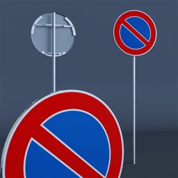 "Orthographic 3D rendering of a 'No parking road sign' with honeycomb textured reflection. This Blender 3D model by Friedrich Traffelet features two signs standing next to each other, made with hardmesh post and PVC poseable materials. The high-resolution product photo showcases round elements and forbidding silhouettes on a 3 mm closed visor."