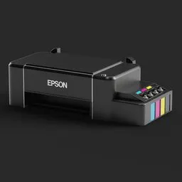 Realistic black Epson inkjet printer 3D model with colorful ink cartridges, ideal for Blender graphics projects.