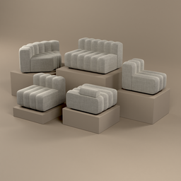 "Modular fabric sofa in multiple pieces, including corner, ottoman, large, medium, and small, created in Blender 3D. Designed to deliver in a parcel box, inspired by the works of Carl Gustaf Pilo and Giambattista Pittoni. Perfect for 3D modeling and visualization projects in the sofa category."