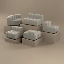 "Modular fabric sofa in multiple pieces, including corner, ottoman, large, medium, and small, created in Blender 3D. Designed to deliver in a parcel box, inspired by the works of Carl Gustaf Pilo and Giambattista Pittoni. Perfect for 3D modeling and visualization projects in the sofa category."