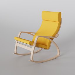 "Yellow rocking chair with cushion on grey background, perfect for stylish interior design. Made of wood and inspired by Mathieu Le Nain, this elegant chair is a 2019 creation by Eero Järnefelt in Blender 3D."