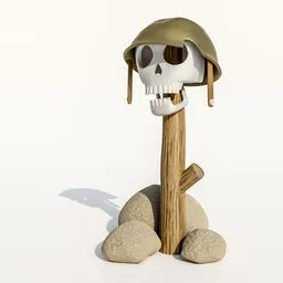 Stylized 3D-rendered soldier skull with helmet on wooden support, optimized for Blender, ideal for historic-military projects.