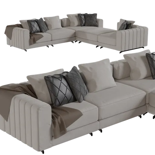 Detailed beige L-shaped sectional 3D model with cushions, optimized for Blender rendering and design projects.