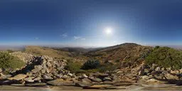 Panoramic HDR image of a natural landscape with bright sun for realistic lighting in 3D scenes