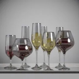 "Varying types of red and white wine glasses in a detailed Blender 3D model by Matthias Weischer. Rendered in RTX, Unreal Engine, Omniverse, and Houdini for maximum quality. Perfect for drink-related projects."