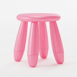 Pink 3D model of a child's plastic stool with round seat and tapered legs, Blender rendering.