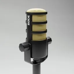 "Rode PodMic Dynamic - A high-quality dynamic podcasting microphone rendered in Blender 3D. This 3D model features a detailed close-up view with a yellow cloth, ideal for architectural renderings, Twitch streamers, and 3D artists. Get your professional-grade microphone from Gumroad and enhance your audio experience."
