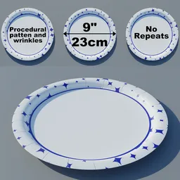 "3D model of a disposable paper plate with randomized pattern and wrinkle positions. Designed for Blender 3D software and categorized as part of the tableware set. Perfect for picnics, barbeques, potlucks or parties."