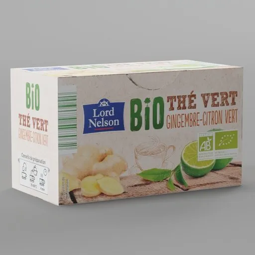 Detailed 3D rendering of organic ginger lemon tea box, Blender 3D model with realistic textures and shading.