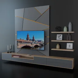 Elegant 3D-rendered TV wall unit with geometric panel design and decorative shelves for Blender modeling.