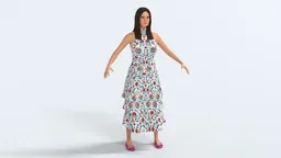 Realistic 3D female model in patterned dress, designed for Blender, rigged for animation.