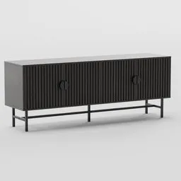 3D model of a modern grooved wood and steel television cabinet, Bazalt collection, with customizable wood colors.