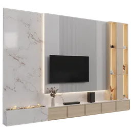 Detailed modern 3D model showcasing a TV wall unit with books, decorative items, and ambient lighting, rendered in Blender Cycles.