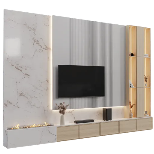 Detailed modern 3D model showcasing a TV wall unit with books, decorative items, and ambient lighting, rendered in Blender Cycles.