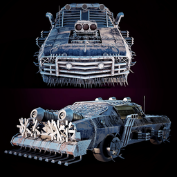 "Post apocalyptic car 3D model for Blender 3D. This standard category model features a truck with a large engine, tooth wu, quixel megascans, and a zombie killer road warrior design. Includes sharp harpoon, salt effects, animation model, and anamorphic widescreen. Scrap metal and twisted metal elements with sakimichan HDRI. Suitable for mobile games, with options to enhance for PC using modifiers and 2k textures."