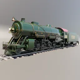 "3D model of a "Steam Locomotive - Mikado 2-8-2" in Blender 3D. Rigged and parented with a Baker Valve Gear arrangement, this highly detailed train engine features an attractive green color scheme and a red roof. Perfect for 3D enthusiasts and railway enthusiasts alike."