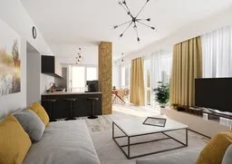 Spacious living room with open kitchen area