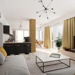 Spacious living room with open kitchen area