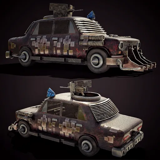 Rustic apocalyptic Blender 3D model car with gun, detailed textures in 512, 1k, 2k resolutions, showcasing body and interior.