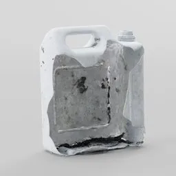 "Broken canister, an industrial container with a black handle, photographed at an old train station warehouse. This 3D model in Blender 3D showcases a rough texture, reminiscent of a damaged American canteen, leaking oil and offering a unique petrol aesthetic. Perfect for digital illustrations or garage resin kits with a touch of artforum aesthetic."