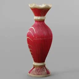 "Lowpoly 3D scanned model of a red vase with gold decoration on a wooden texture. Inspired by Gao Fenghan's claymorphism style and rendered with realistic textures. Perfect for Blender 3D enthusiasts looking for a high quality in-game or rendered image."