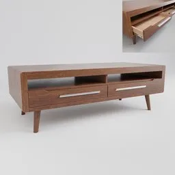 "Wooden living room table with drawers for Blender 3D. Highly detailed, inspired by Hiroshi Nagai and perfect for interior design projects. Easily customizable by selecting drawers for movement."