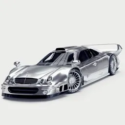 "Mercedes CLK GTR 3D Model for Blender 3D: Detailed exterior and interior features, rigged animated doors, and V12 engine details. Ideal for CGI animation, this highly realistic model is perfect for racecar enthusiasts. Explore the meticulously crafted silver car on a white background."