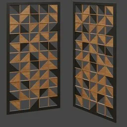 "Partition triangular 3D model for interior decoration in Blender 3D software. Features two wooden bookshelves with geometric designs, two wardrobes, and a detailed patterned rug. Highly inventive pattern cutting by Eric Dinyer."