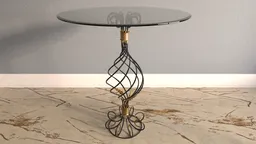 Elegant 3D glass table model with intricate forged base suitable for interior design renderings in Blender.