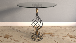 Elegant 3D glass table model with intricate forged base suitable for interior design renderings in Blender.