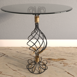 "Glass flowerstand 3D model for Blender 3D: a sleek glass table with metal base, ideal for displaying flower vases and magazines in the living room. Features art nouveau octane render, winding branches, and brass wheels. Created by Radi Nedelchev and Nate Berkus."