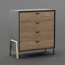 "Modern design wooden chest of drawers with metal frame, ideal for bedrooms. Product rendered in Blender 3D with brutalism style, inspired by various famous artists and designers including Þórarinn B. Þorláksson, Zvest Apollonio, Niels Lergaard, and ukiyo. Dimensions of 100x50x100 cm."