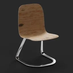 3D minimalist chair model with wooden seat and chrome base, suitable for Blender rendering and modern interior design.