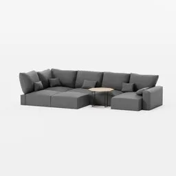 Detailed 3D corner couch model with cushions and wooden coffee table, perfect for Blender renderings.