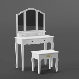 Detailed Blender 3D model of a vanity table with elegant detailing and stool, ideal for interior design visualization.
