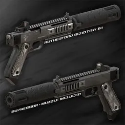 "Rutherford Schottky B-1" is a high quality 3D model of equipment designed for Blender 3D. The model features two guns with a black background and accurate wolf muzzle, perfect for use in product images and face enhancements. Don't forget to adjust the color ramp to match your rendering engine.