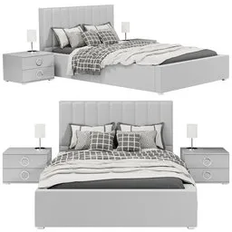 "Discover the exquisite Small Double Bed 3D model from the Bedroom set by Blender 3D. This high-poly, symmetrical fullbody rendering showcases a stylish grey-tone bed and nightstand, featuring white soft leather detailing. Immerse yourself in the Swedish-style beauty of this black and white themed design, boasting full details and impeccable craftsmanship."