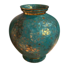 "Blender 3D model of a stunning Moroccan lamp inspired vase with celadon glaze and a gold lid on a black background, featuring copper veins and caustic effects. Highly reflective lighting and metallic bronze skin give it an aesthetic appeal. The perfect addition to your video game asset collection."