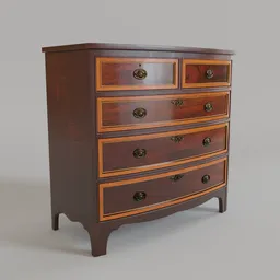 "Antique Chest of Drawers - 19th century mahogany and inlaid bowfront chest of drawers with oval brass plate handles, modeled in Blender 3D and rendered in Redshift. Perfect for game design and 3D visualization projects."