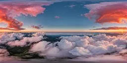 360-degree HDR panorama of vibrant sunset skies above cloud-covered mountains, ideal for realistic scene lighting.