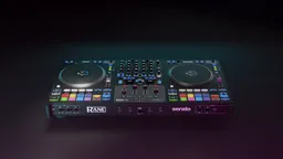 Highly detailed Blender 3D model of DJ mixer with turntables and control pads designed for Stems mixing.