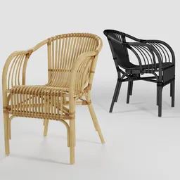 Realistic 3D model of rattan chairs in natural and black, showcasing intricate weave design, ideal for interior renderings in Blender.