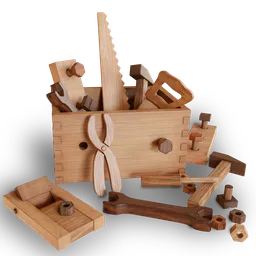 Detailed Blender 3D render of a wooden toolkit with instruments for kids' room visualization.